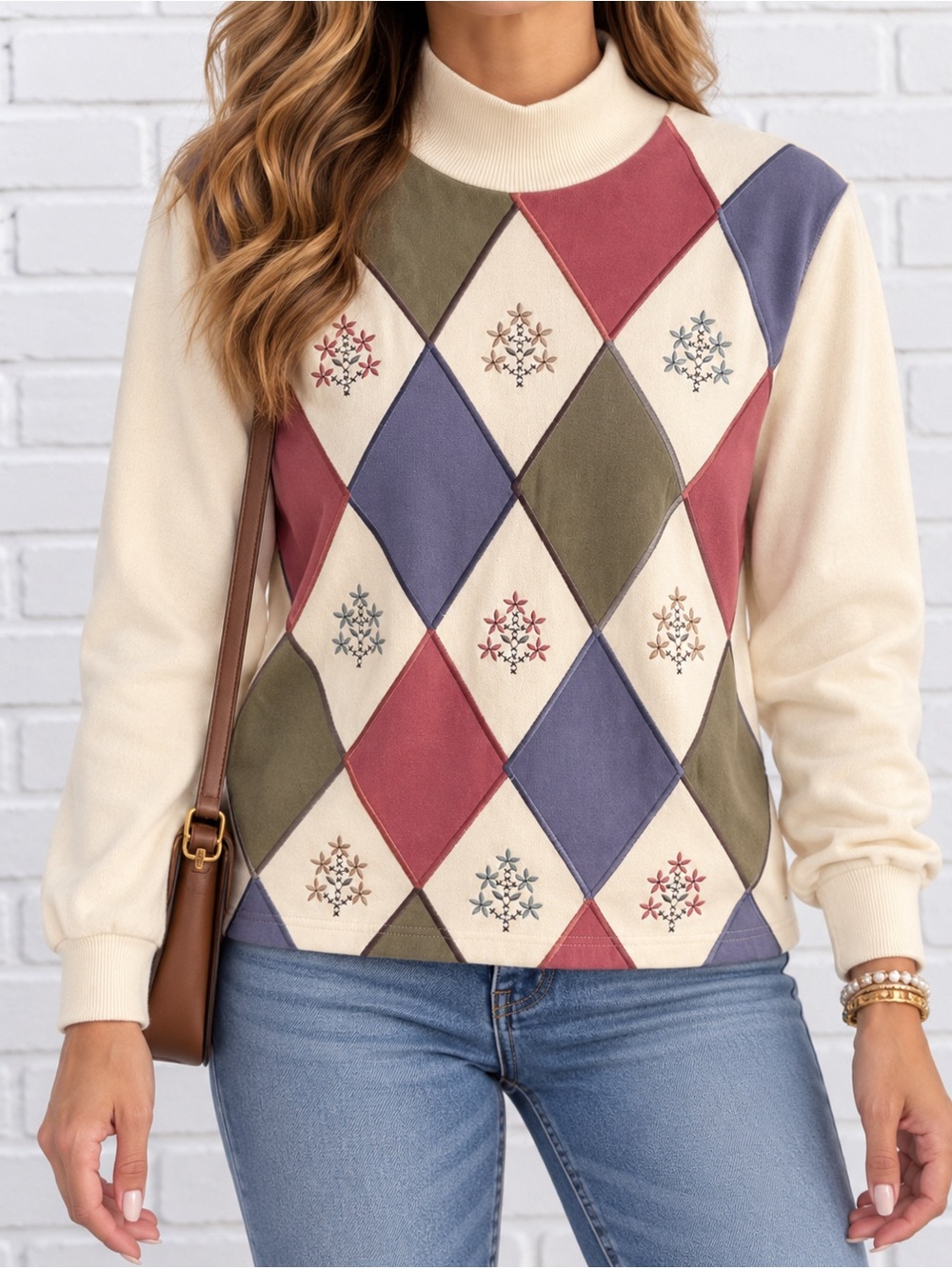 Vintage 90s Alfred Dunner Cotton Blend Argyle Embroidered Mock Neck Sweatshirt